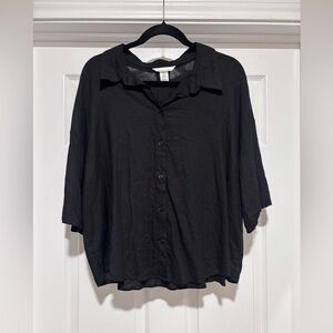 0046- H&M Black Linen Blend Button Blouse XL Minimal Chic Essential